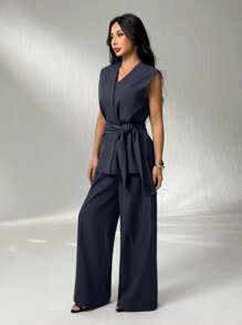 SHEIN PETITE 女款无袖西装外套+西装裤 秋冬黑白条纹西装 - 黑色 - 查看 4