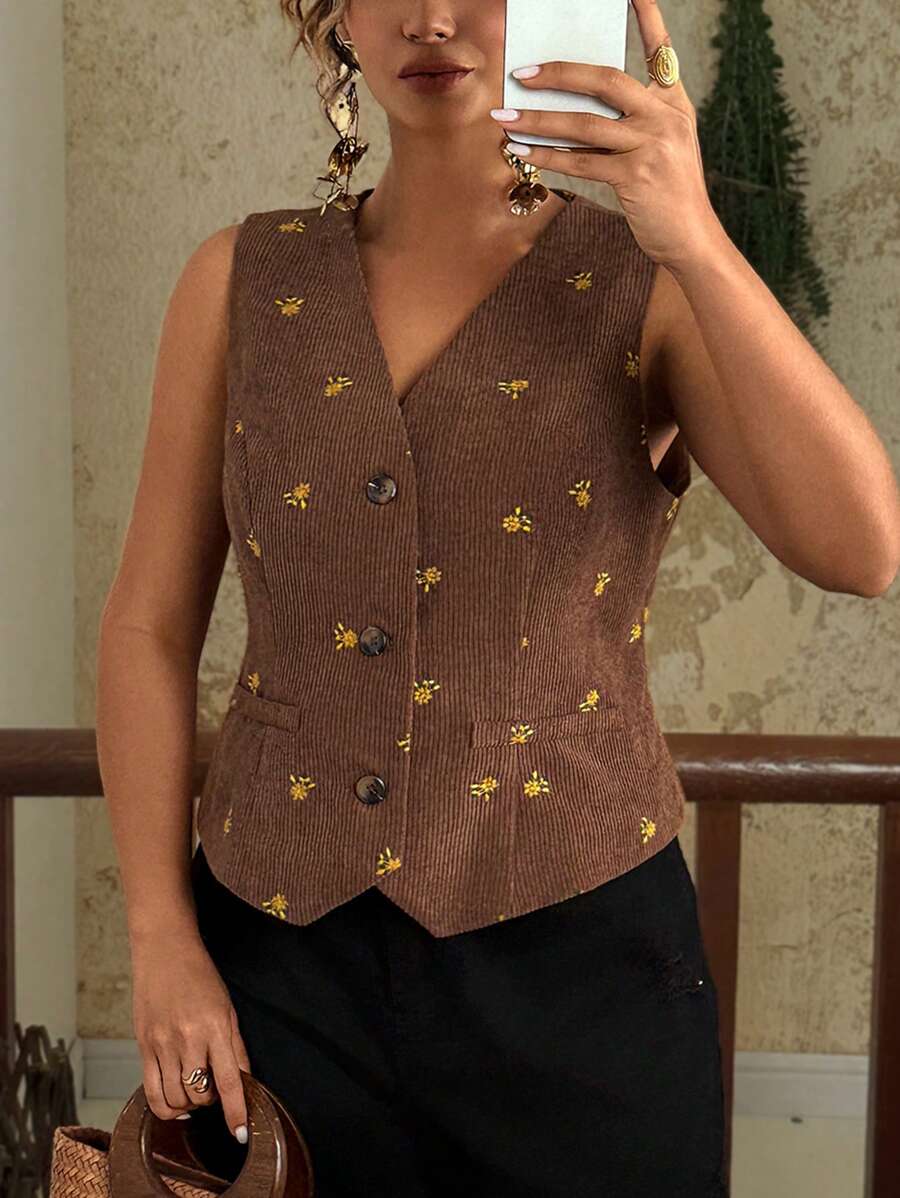 Travachic Plus Size Women Boho Embroidered Corduroy Vest,Elegant Summer Ditsy Floral V-Neck Brown Waistcoat,Bohemian Casual Autumn Layering Top - Coffee Brown - View 1