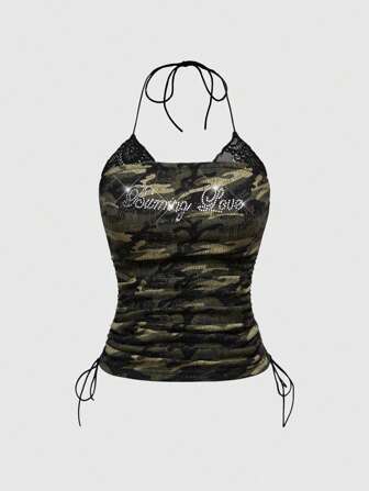 Grunge Punk Top canotta vintage estivo sexy con gradiente mimetico, bordo in pizzo e strass, scollo alla halter