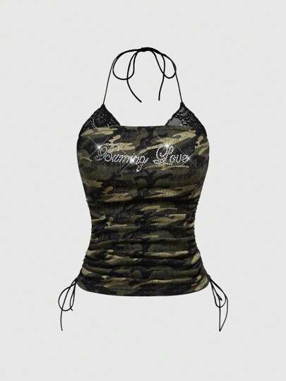 Grunge Punk Top de tirantes con encaje, pedrería y estampado de camuflaje degradado vintage y sexy para el verano