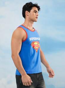 SUPERMAN X SHEIN Men's Casual Street Fashion Logo And Letter Graphic Ringer Tank Top, For Summer