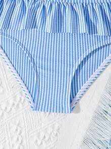 Ensemble de bikini 2 pièces pour jeune fille, ensemble de bikini triangle à volants asymétrique à bretelles réglables rayé bleu et blanc, maillot de bain