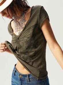 Bohemela 大码复古蝴蝶印花V领短袖T恤