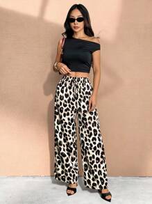 SHEIN PETITE 女式豹纹休闲宽松长裤 女式夏季、秋季女装