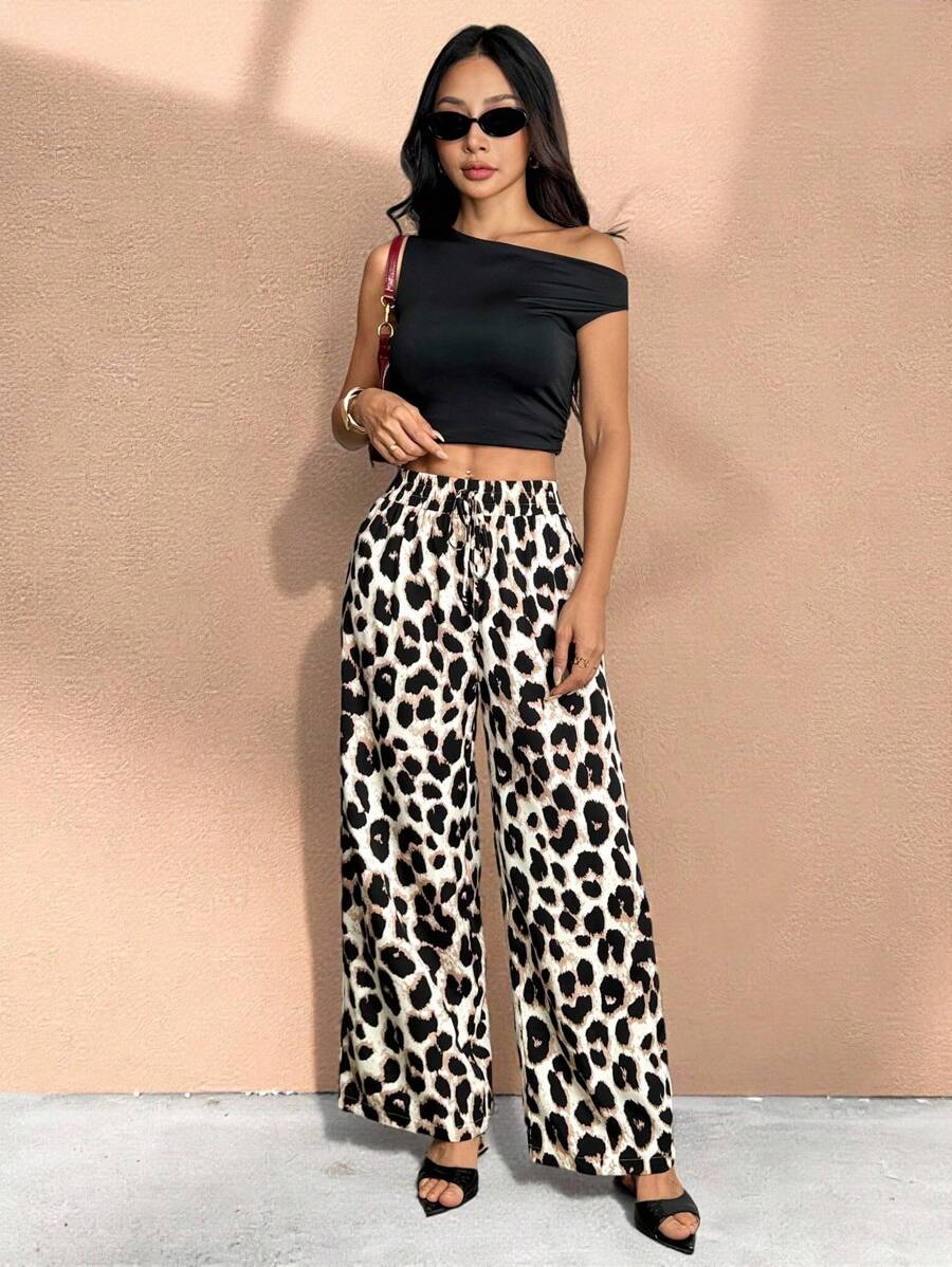 SHEIN PETITE 女式豹纹休闲宽松长裤 女式夏季、秋季女装