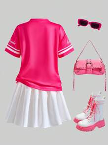 SHEIN Explorewe Conjunto de vestido casual blanco con camiseta de manga a rayas y diseño de capibara lindo para niñas en verano - Rosa - Ver 3