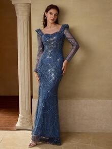 MOTF Soiréza SWEETHEART NECK CONTRAST SEQUIN FORMAL DRESS - Dusty Blue - View 6