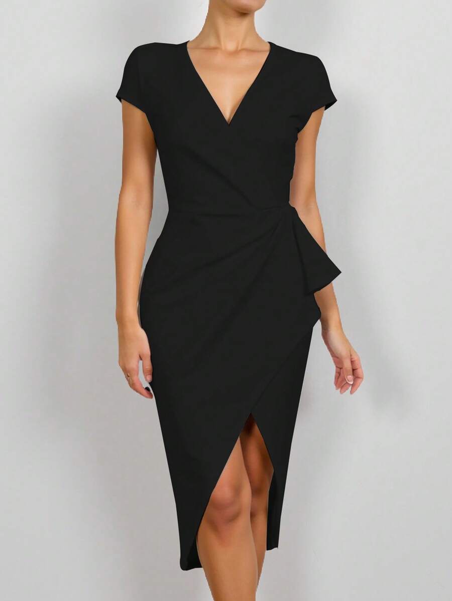 SHEIN Clasi Gaun Wanita Polos Kerah V dengan Hem Model Tulip Berkerut, Panjang Sedang, Elegan - Hitam - View 1
