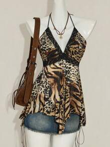 SHEIN ICON Áo ba lỗ lưới chắp vá họa tiết động vật bất đối xứng hở lưng cho nữ - Nhiều màu - Xem 1