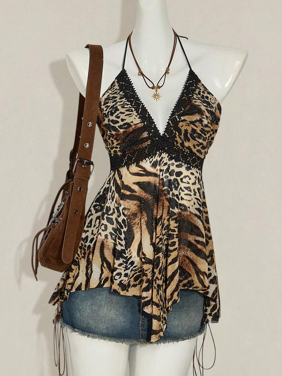 SHEIN ICON Áo ba lỗ lưới chắp vá họa tiết động vật bất đối xứng hở lưng cho nữ - Nhiều màu - Xem 1