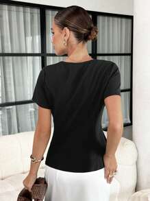 Lavishia 女式方领金属花朵纽扣衬衫，时尚衬衫优雅夏季度假商务休闲可爱 - 彩色 - 查看 2