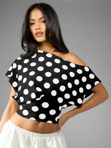 MISSGUIDED Off Shoulder Polka Dot Crop Top Summer Festival Spring Casual Loose Dolman Sleeve Blouse Vacation Party Wear - Black - View 4