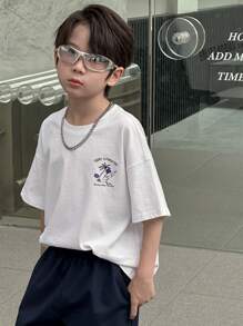 DAZY Tween Boys Oversized Round Neck Knit Printed Short Sleeve T-Shirt, Summer,Back To School Clothes