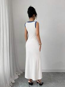 Lyxana Women's Elegant Colorblock Round Neck Sleeveless Single-Breasted Long Dress - White - View 2