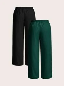 SHEIN EZwear 2件套加大码纯色女裤，深绿色和黑色 - 墨綠色 - 查看 6