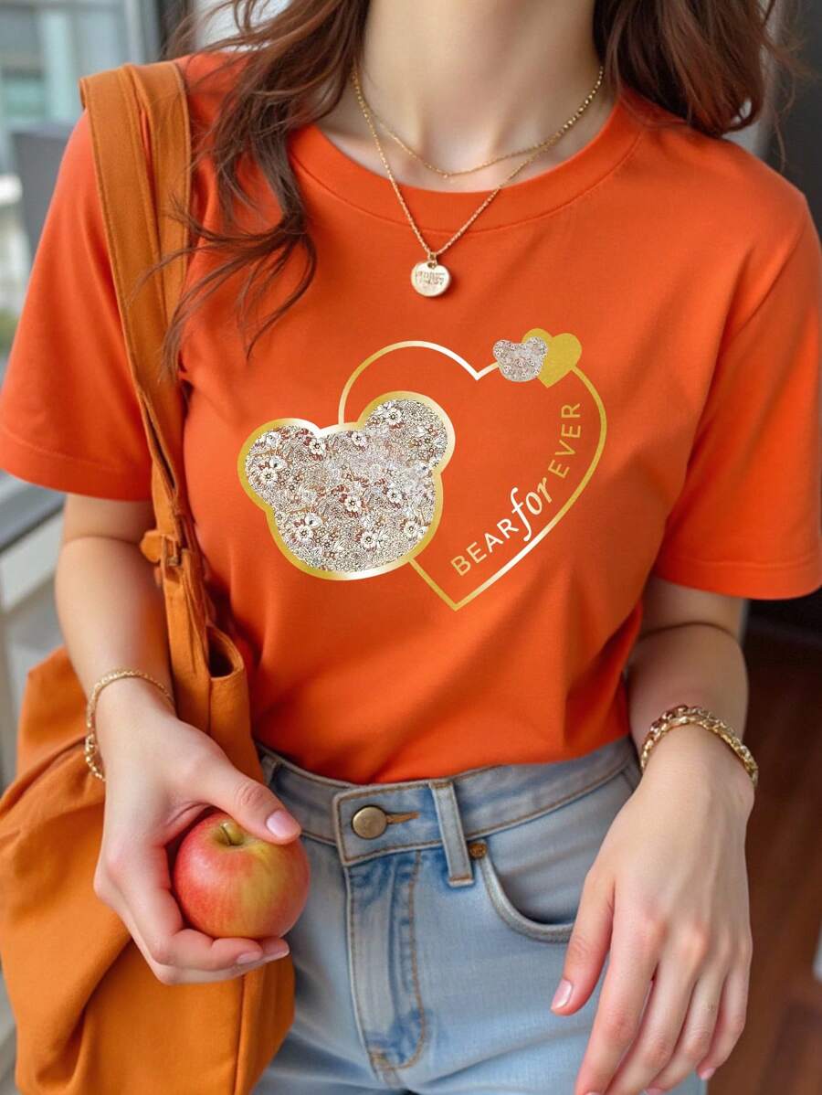 INAWLY 女士圆领短袖图案印花仿珍珠 T 恤，夏季休闲上衣图案 T 恤女式上衣