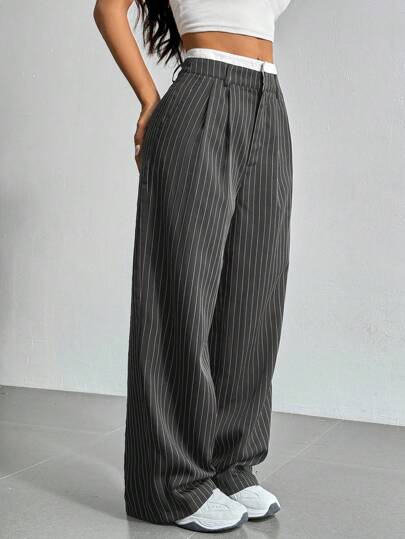 SHEIN EZwear Plus Size Gray And White Contrast Color Straight-Leg Pants,Business Casual Woman,Back To School Wide Leg Pants Oversized Pants Pleated Pants