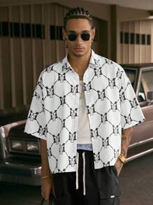 AXEPEAK Camisa de corte holgado con cuello, manga corta y estampado digital, con cordón en la cintura - Set para hombre