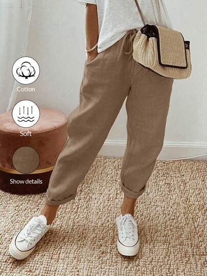 Calvaya Solid Color Elastic Waistband Tapered Pants With Diagonal Pockets And Tie Belt For Casual And Versatile Look,Ladies Spring/Fall Casual Drawstring,Pocket Natural Jogger Cropped Khaki Regular Fit Women Pants,Casual Daily Wear