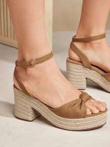 SHUZIA 结饰亚麻带草编厚底高跟鞋