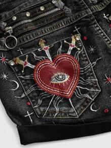 Gothic Palace Style Women's Denim Shorts With Heart Embroidery, Rhinestone, Crystal Teardrop & Star Decor - Black - View 2