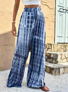 SHEIN VCAY Plus Size Women Drawstring Waist Tie-Dye Printed Wide Leg Loose Pants,Holiday Outfits For Women