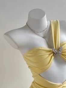 Rafferiza Women Elegant Sexy Solid Color Hollow Butterfly Decor Fishtail Dress - Yellow - View 5