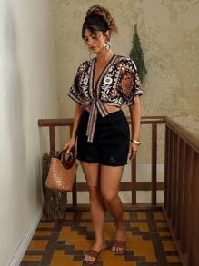 Travachic Plus Size Vintage Floral Print Tie Front Short Sleeve Shirt Boho - Black - View 5