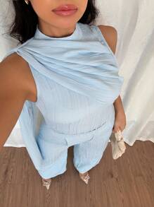 SHEIN Clasi 大码女式法式无袖立领喇叭衬衫和松紧腰直筒休闲裤两件套 - 藍色 - 查看 4