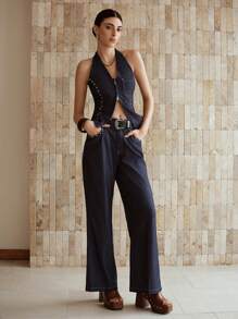 MOTF PREMIUM STUDDED DETAIL HALTER DENIM TOP & FLARE LEG JEANS - Royal Blue - View 7