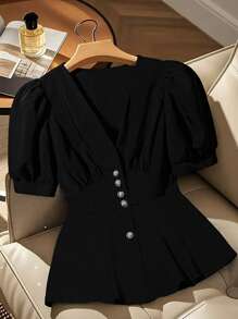 GlowEve CURVE Plus Size Bubble Hem Short Sleeve Shirt - Black - View 1