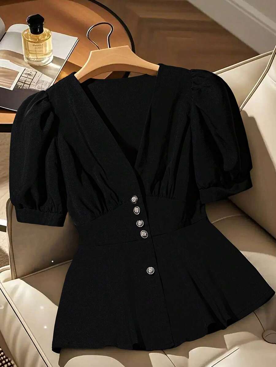 GlowEve CURVE Plus Size Bubble Hem Short Sleeve Shirt - Black - View 1