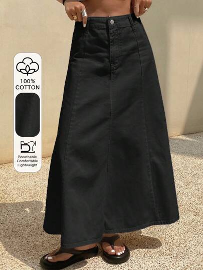 DAZY Solid Color A-Line Long Casual Denim Skirt For Women Jeans Skirt Vacation Outfits Women