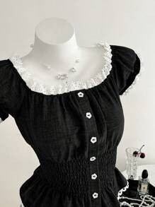 Elamini Chemise décontractée vintage douce pour femmes avec col rond en dentelle, taille froncée, manches bouffantes. Couleurs contrastantes pour l'été