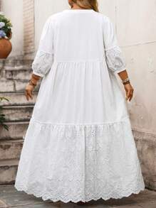 SHEIN CURVE+ Plus Size Vacation Summer 3/4 Sleeve Embroidered Loose Dress Summer/Country/Beach Vacation Outfits/Beach Outfits/Beach Wear,Maxi Dress White Eyelet Dress White Boho Dress Plus Size White Dress White Summer Dress Cottagecore White Dress