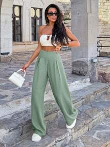 休闲百搭纯色阔腿裤 - 薄荷綠 - 查看 5