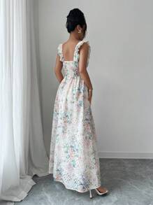 Elenzga Elegant Charming Floral Print Strap Waist Cinched Luxury Maxi Dress - Multicolor - View 2