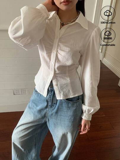 SHEIN EZwear 女式白色休闲前扣褶皱修身长袖衬衫