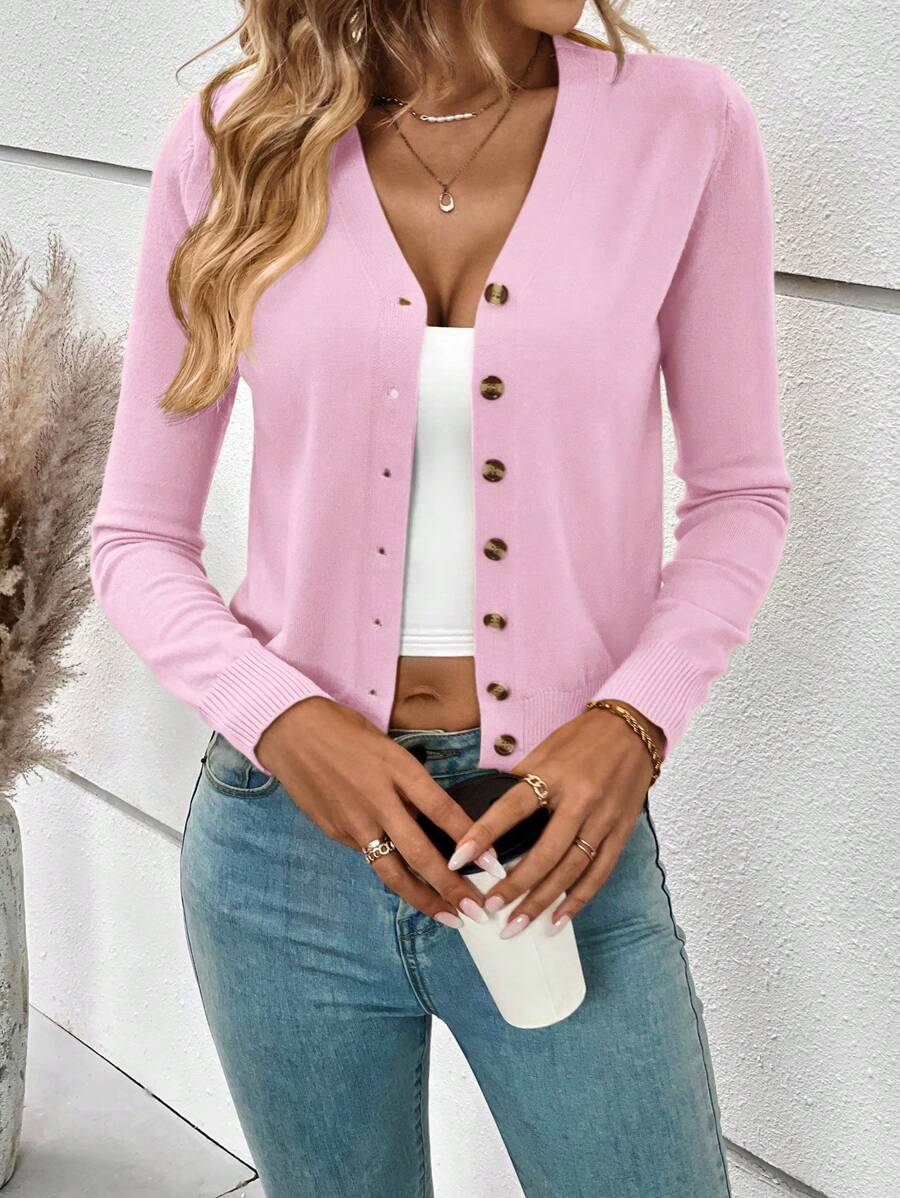 SHEIN Frenchy 女士纯色长袖单排扣开衫，酒红色 - 淺粉色 - 查看 1