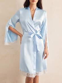 Charlaine 女式缎面蕾丝边系带开衩袖长袍，缎面光泽，秋季 - 藍色 - 查看 4