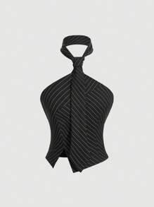 SHEIN MOD Tie-Neck Slit Fitted Women Blouse - Black - View 1