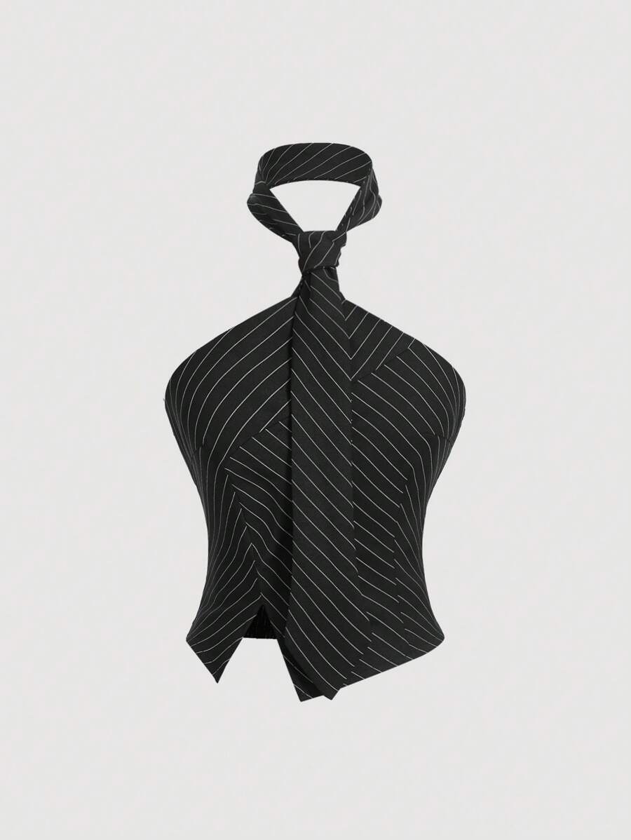 SHEIN MOD Tie-Neck Slit Fitted Women Blouse - Black - View 1