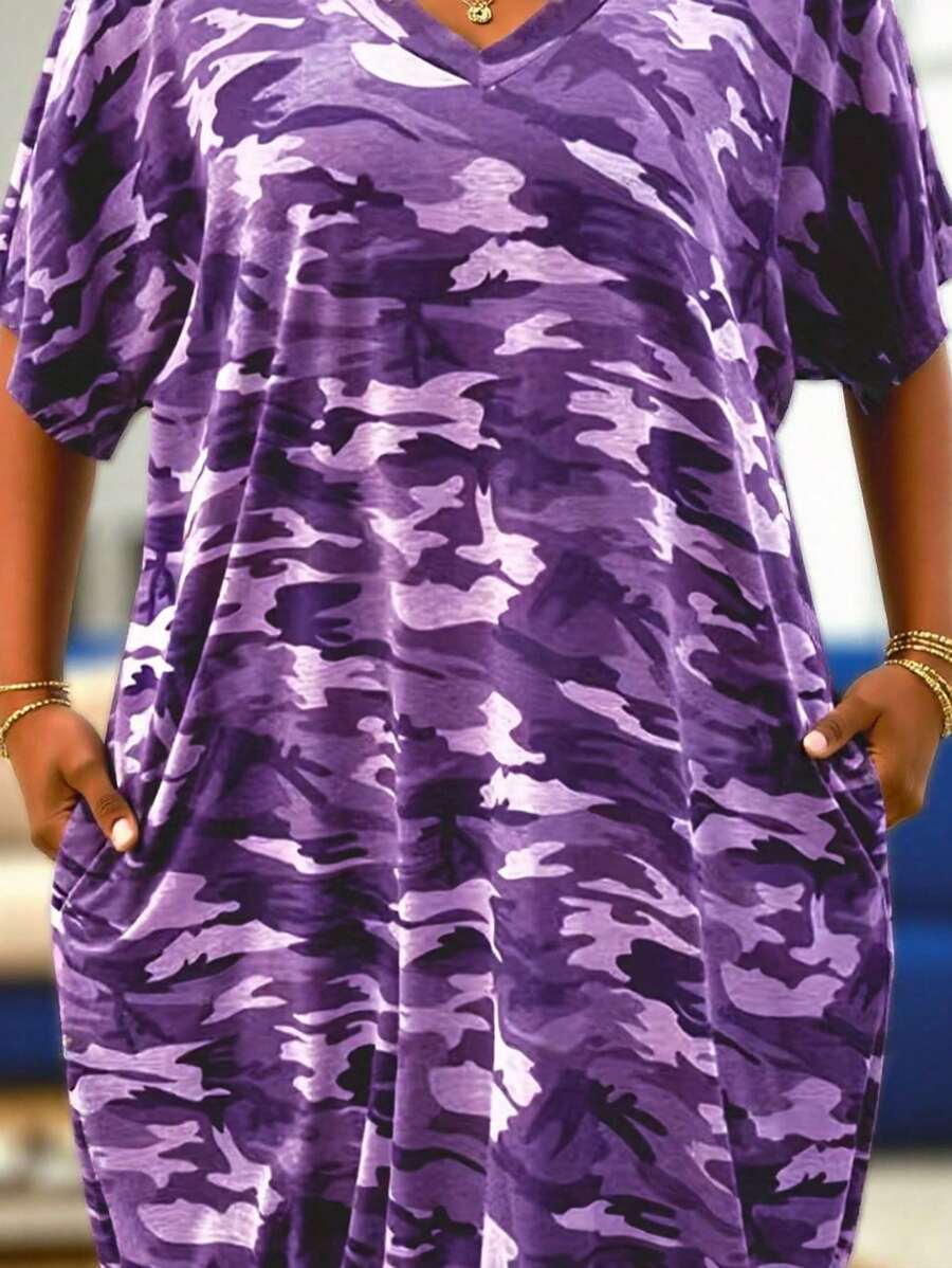 SHEIN Plus Size Camo V-Neck Pocket Vacation Summer Women Outfit Regular Fit Casual Dress, Spring Summer Fall - Multicolor - View 1