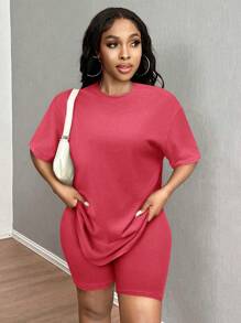 SHEIN SXY Bộ 2 món áo phông và quần short thường ngày mùa hè cỡ lớn - Đỏ - Xem 4