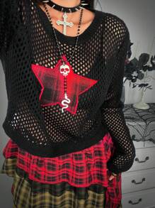 Whyspr Suéter de cuello redondo con estilo punk y calado para tallas grandes, top de punto casual de hombros caídos, suéter de punto para otoño, invierno y Halloween - Negro - Ver 2
