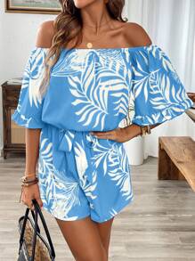 SHEIN Holidaya 夏威夷风荷叶边露肩连体衣 - 彩色 - 查看 5