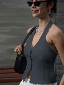 INAWLY Women's Solid Color Halter Tank Tops, Summer - Grey - View 4