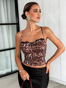 Lavishia Women's Summer Leopard Print Contrast Lace Slim Fit Camisole Top , Summer Clothes - Black - View 8