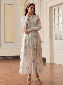 ZEYLAH 女士花卉印花拼接荷叶边优雅连衣裙秋季面料 - 白色 - 查看 4