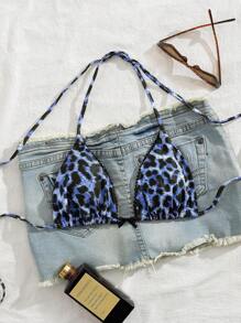 Swim Vcay 豹纹肩带性感吊带女式比基尼上衣 - 藍色 - 查看 1